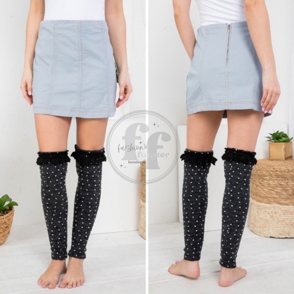 Areve Cozy Black Boho Knit Lace Trim Retro Polka Dot OTK Leg Warmers Boot Cuffs - Picture 3 of 5